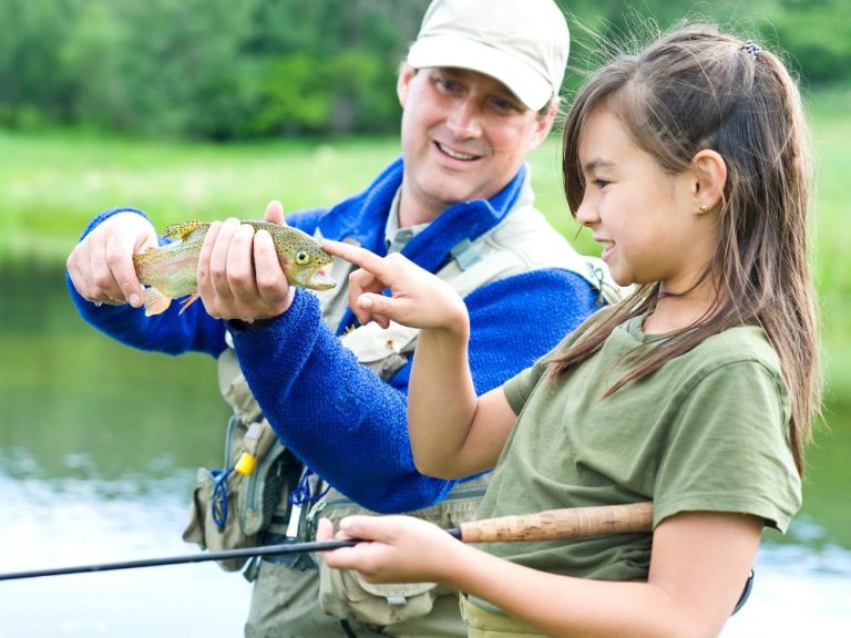 Dad fishing with daughter
